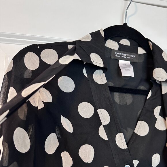 JONES NEW YORK PETITE  | Polka Dot Blouse w Sheer Sleeves | Blk White | Size: 6P - Picture 8 of 13